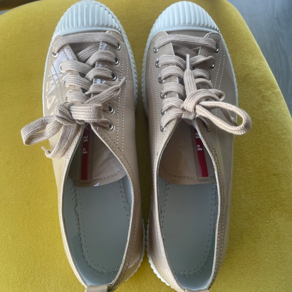PRADA Beige Powder Patent Leather Sneakers with PRADA Dust Bag - Picture 10 of 16